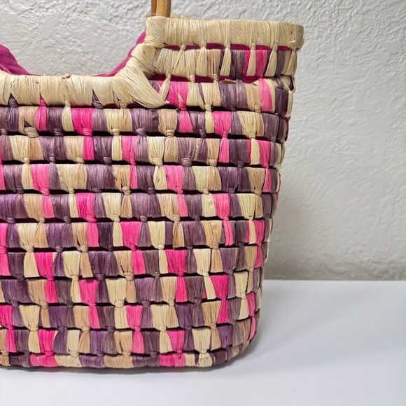 Boho Woven Straw Tote Handbag Wooden Handle Zip Top Summer Beach Resort Festival - Picture 4 of 13